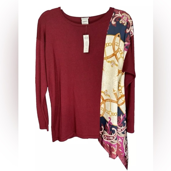 Chico’s Sweater Top Women’s 0 (S) Burgundy Red Scarf Trim Asymmetrical NEW - Picture 1 of 10